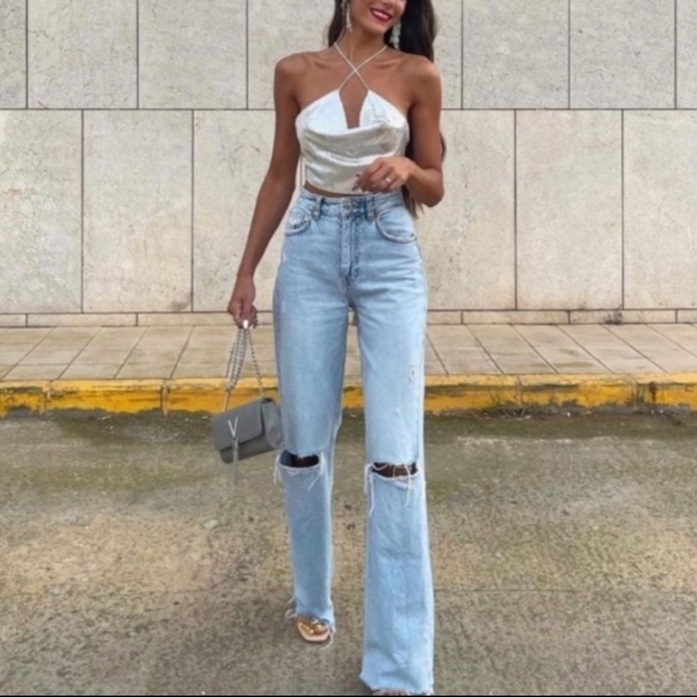 ZARA Acid Wash Flare Ripped Slim Fit Jeans